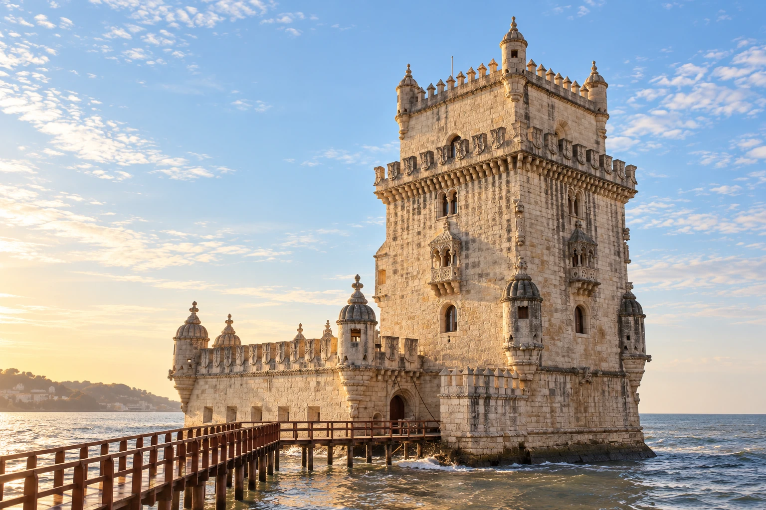 La tour de Belém et sa passerelle d’accès en bois dans la lumière chaude du matin, au bord du Tage